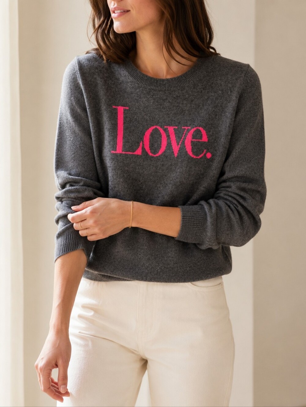 J. Crew Love Gray Pink Cashmere Crewneck Sweater Womems Size Medium